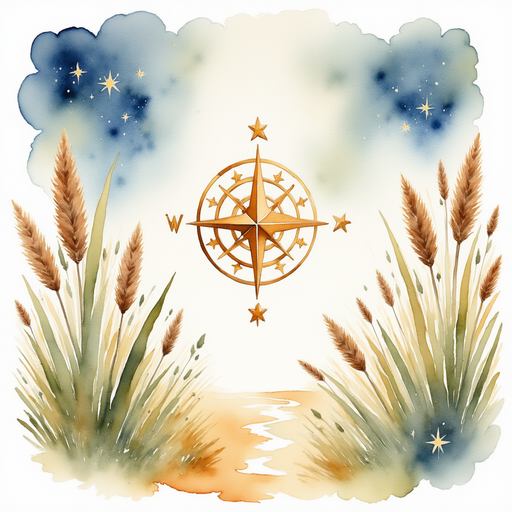A corner of the enchanted map, showing a golden compass symbol full of tiny stars. In the background, tall reeds sway in the breeze.