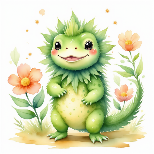 Blossom Sprout stands near bright flowers with a joyful pose. In the background, a soft breeze makes leaves dance.