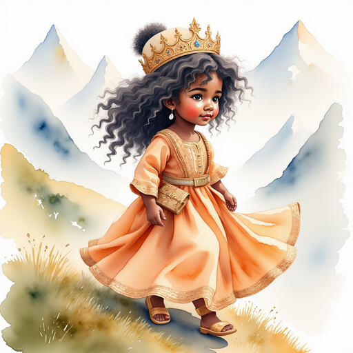 Queen Neena climbs a gentle slope, determined to find answers. In the background, tall snowy peaks peek over.