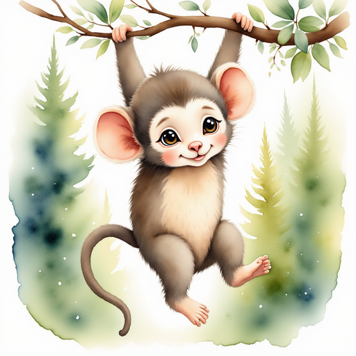 Illustrate Meeko swinging joyfully from a vine, looking playful and adventurous. In the background, dense trees reaching toward the sky.
