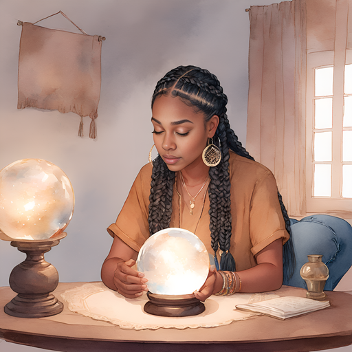 Ahgaddes long tribal braids pinned worried dismayed wearing brown shirt and denim pants gazing into Glowing crystal ball on séance table