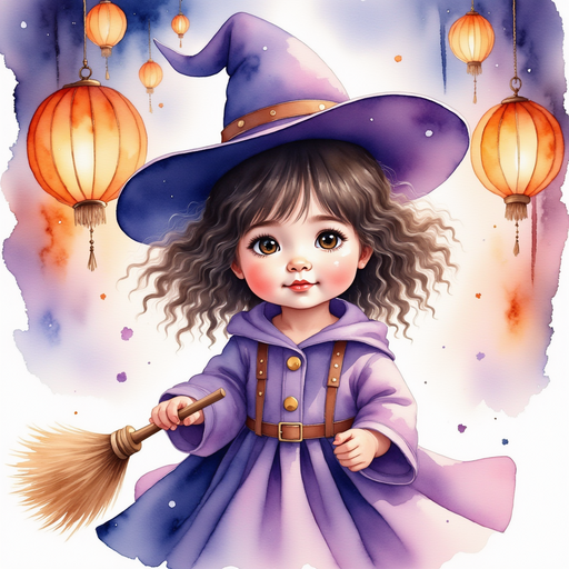Willow Charms holds a broom, looking curious. In the background, rows of glowing lanterns