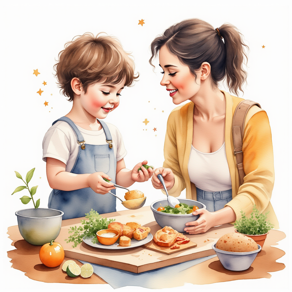 Show a little boy and his Mom cooking together.