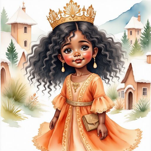 Queen Neena stands outside her small castle, looking at the snowy roofs. In the background, houses with white roofs nestle under tall hills.
