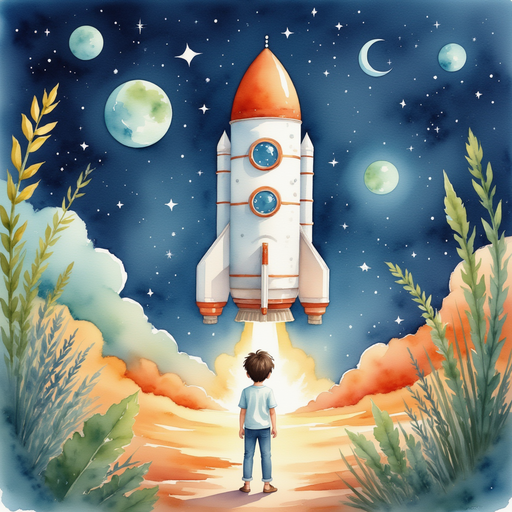 Lee standing in front of the space rocket in his backyard, with the holographic message floating in the air.
