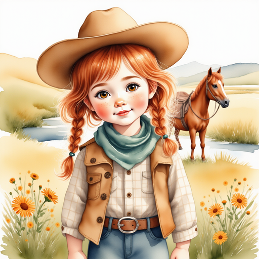 Calamity Kate standing beside her trusted horse, Rusty, near the creek cradled in cornflowers. In the background, golden fields stretch under a rising sun.