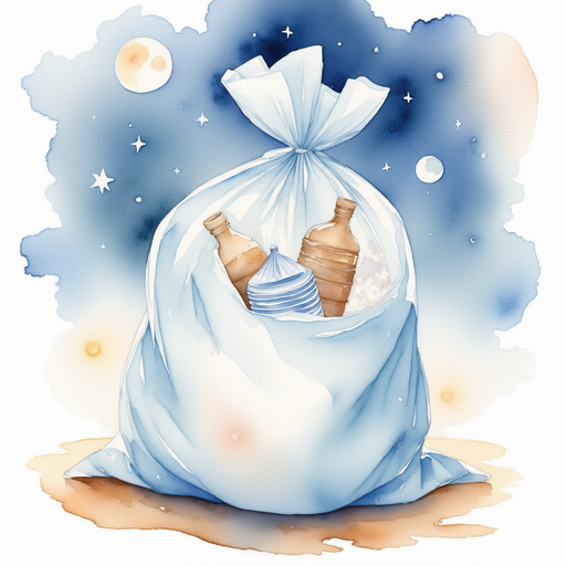 A plastic bag rustling with wrappers and cups inside. In the background, a gentle moonbeam