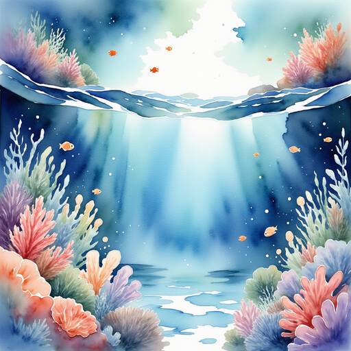 A magical underwater world, vibrant with coral and small shimmering fish. In the background, shimmering light filtering through the pond surface.