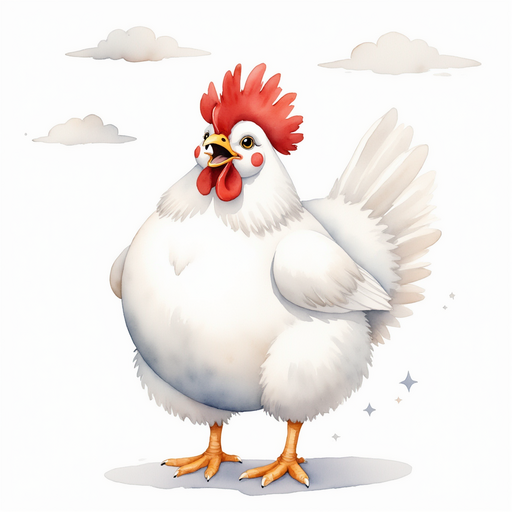 Cluckster sings with her beak wide open. In the background, drifting clouds