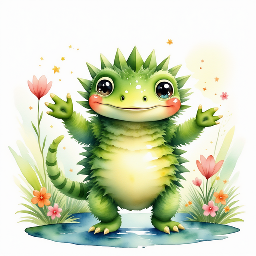 Blossom stands by the pond, waving both arms. In the background, colorful flowers bloom.