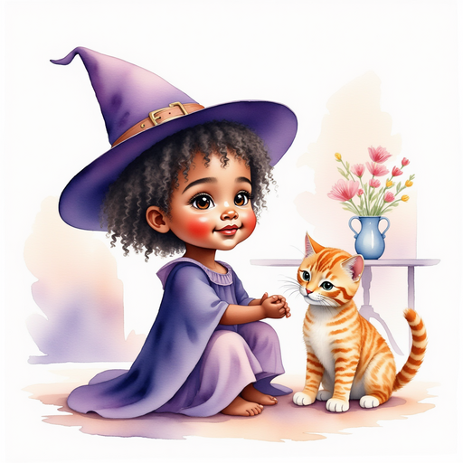 Willow Charms kneeling next to Whiskers, who looks playful. In the background, a table with a vase of flowers.
