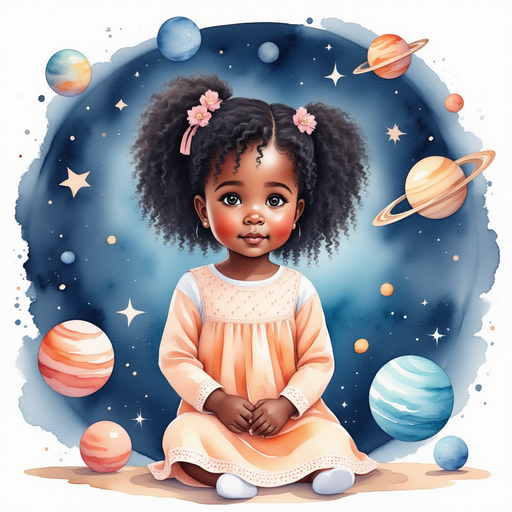 Ava sitting in art class, drawing the solar system.