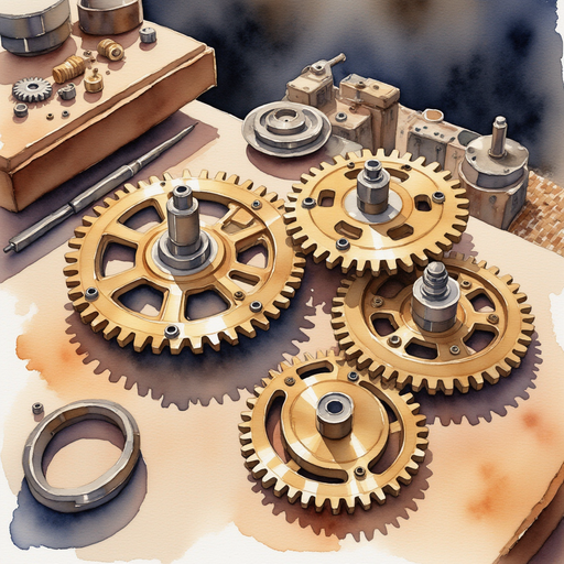 Three shimmering gears placed on a workbench. In the background a woven mat and small piles of spare parts.