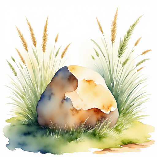 The golden-flecked rock resting on a patch of soft moss. In the background, tall blades of grass sway in a gentle breeze