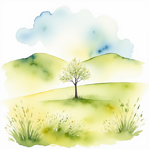 A small sapling friendship tree stands proudly at the center of the meadow. In the background, rolling hills add depth to the bright meadow landscape.
