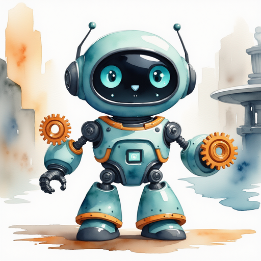 Show Blinky Sparx holding two gears, with a soft glow around them for emphasis. In the background stands a modern silver city fountain.