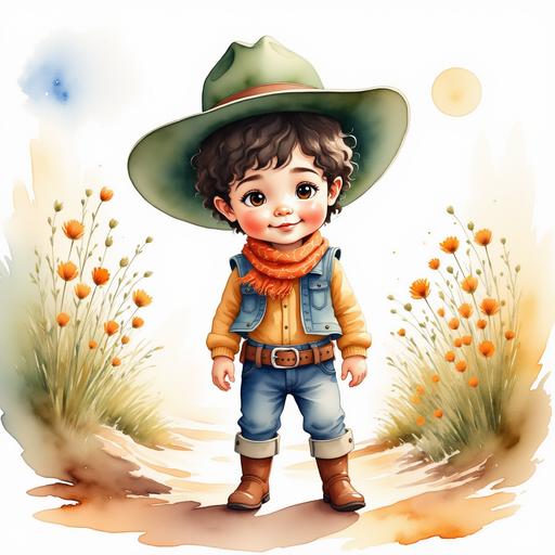 Show Cactus Cody with his big cowboy hat and boots, looking at the flowers. In the background, a flowing stream sparkles under the bright sky.