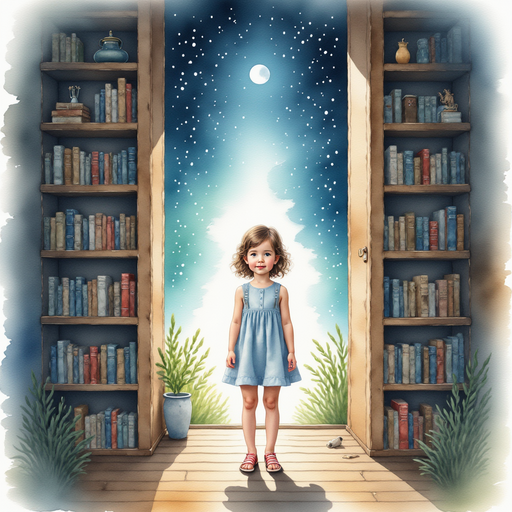 Sofia standing in front of a glowing portal behind her bookshelf.