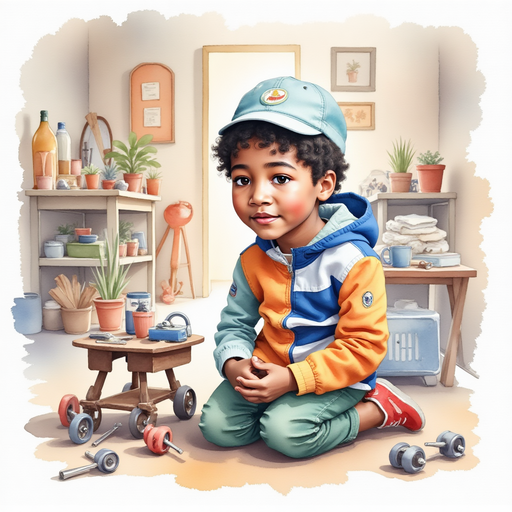 AriYah kneeling next to a half-built contraption with wheels. In the background, scattered tools and spare parts in attic