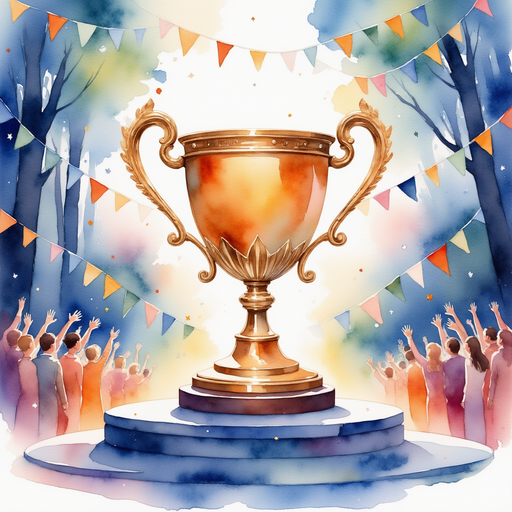 The shining trophy stands proudly on a marble pedestal, reflecting rainbow-colored lights. In the background, rows of crowds gather and wave small flags.