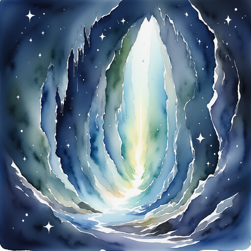 A shimmering crystal map glowing and pointing to deeper parts of the cave. In the background, the walls of the cave whisper secrets.