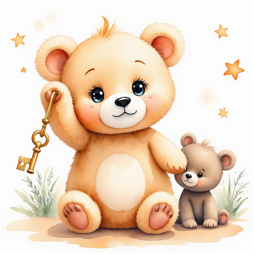 Mickey holding up the golden key with eyes wide in excitement. In the background, Molly watching curiously near the ancient tree's roots.