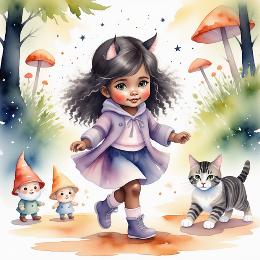 Luna Lighthug - who is black - and three small gnomes gather near the fallen toy. In the background, tall mushrooms peek through the mist.