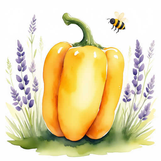 The giant yellow pepper sits in a patch of grass, shining brightly. In the background, a buzzing bee moves among purple flowers