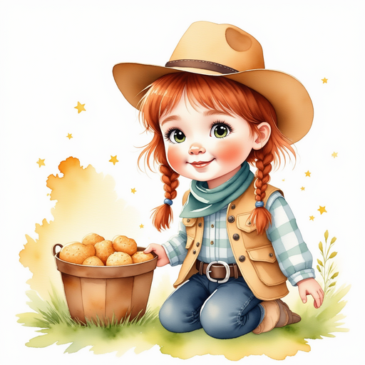 Calamity Kate kneels next to a basket of biscuits. In the background, warm sunlight kisses the meadow.