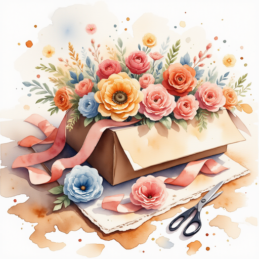 A big box of ribbons bursting with colors rests next to the scissors. In the background, a rug with scattered paper shapes lies on the wood floor