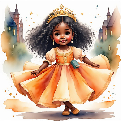 Queen Neena twirls in a glowing, magical gown. In the background, silhouettes of tall houses with twinkling windows stretch down the street.