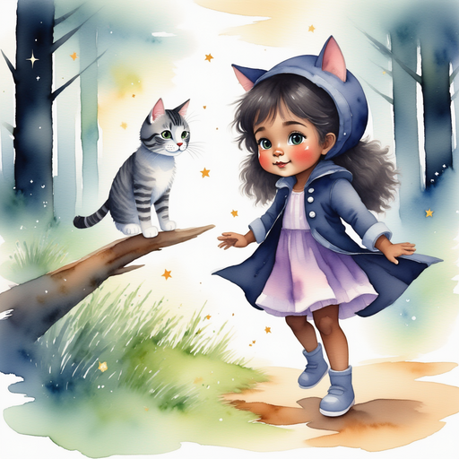 Orion perched on a low branch, facing Luna Lighthug - who is black - with caring eyes. In the background, slivers of moonlight illuminate the forest floor