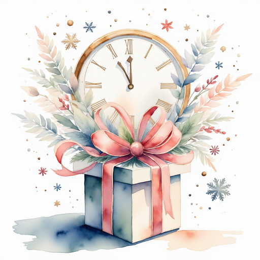 A box bursting with ribbons of many hues In the background, a large clock shaped like a snowflake