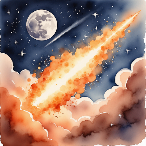 A fiery meteor rushing across the scene. In the background soft clouds of chocolate swirl.