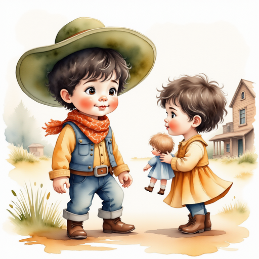 Cactus Cody kneels, speaking calmly to a worried child clutching a small doll. In the background, a wooden house stands with shuttered windows