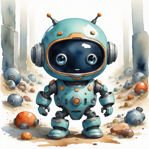 Blinky Sparx rummaging through a huge pile of spare parts with a worried look In the background tall heaps of metal pieces