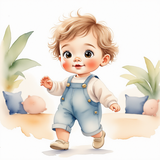 Show Trevor as a lively boy with a playful demeanor, facing the room with his arms raised as if about to chase after something. In the background, a couch with patterned cushions.