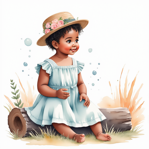 Ava sitting on a log, looking at her drawings and smiling.