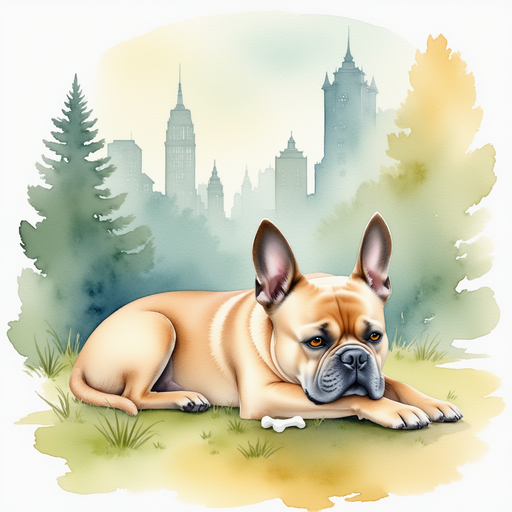 Milo - a French Bulldog - sleeping peacefully in a busy city park, a bone clutched in his paw.