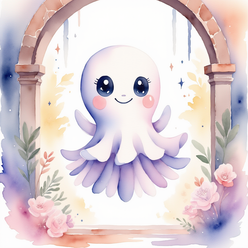 Glimmer Puff floats near a stone archway, sparkling in the air. In the background, a few healthy potted flowers decorate the hallway