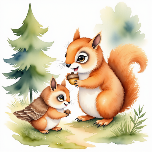 The wise old owl, Olivia, using her keen eyesight to spot Sammy’s acorn among the leaves. In the background, tall graceful trees line the pathway of the hidden trail.