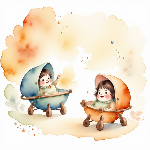 A whimsical shimmer of sparkling dust surrounding two tiny cradles. In the background, the warm and inviting interior of the gnome home is faintly visible.