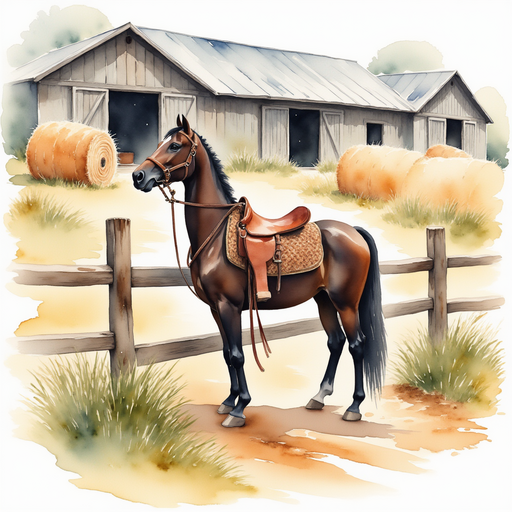 An antique saddle resting on a wooden fence In the background, stable doors and a row of straw bales