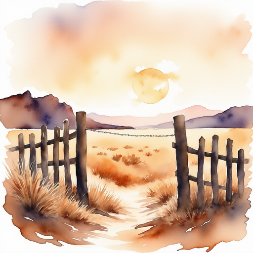 Show the wooden fence, battered and weathered from years under the sun In the background, the desert hush ripples beneath a faint dusk light