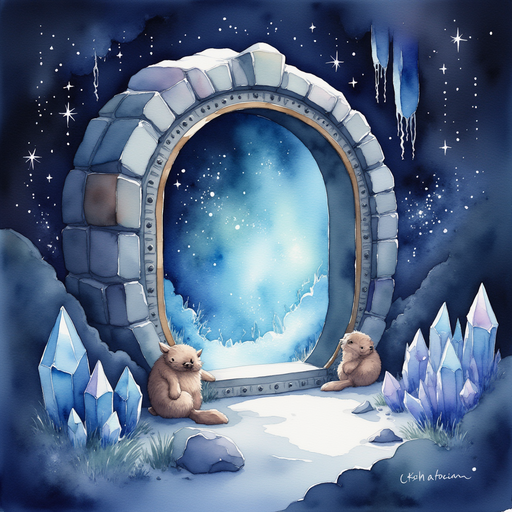 The crystal door with strange inscriptions glowing softly. In the background, more sparkling crystals and dark cave depths.