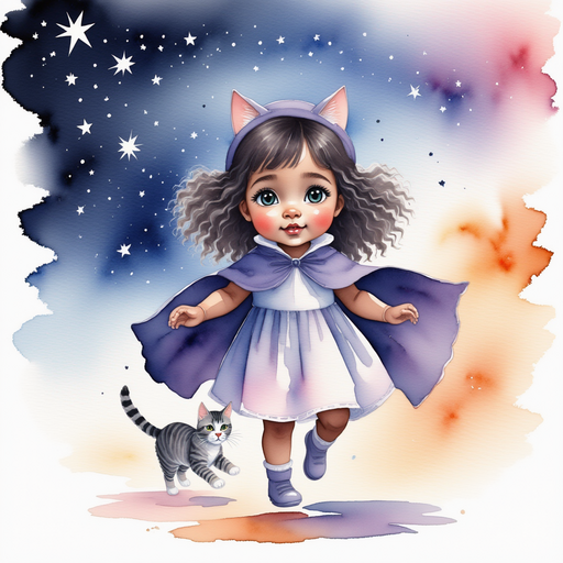Luna - who is black - stands with her sparkly cloak flowing in the night breeze. In the background, twinkling stars