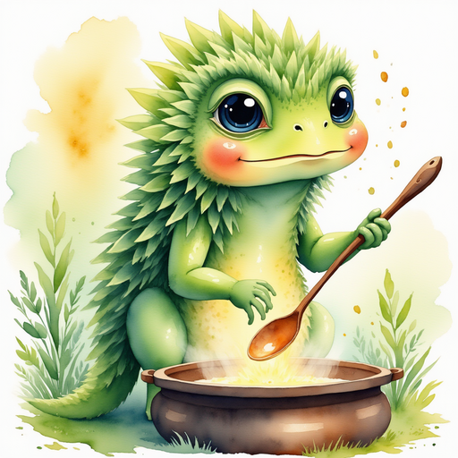 Blossom stirs the glowing cauldron with a big spoon. In the background, floating seeds drift by.