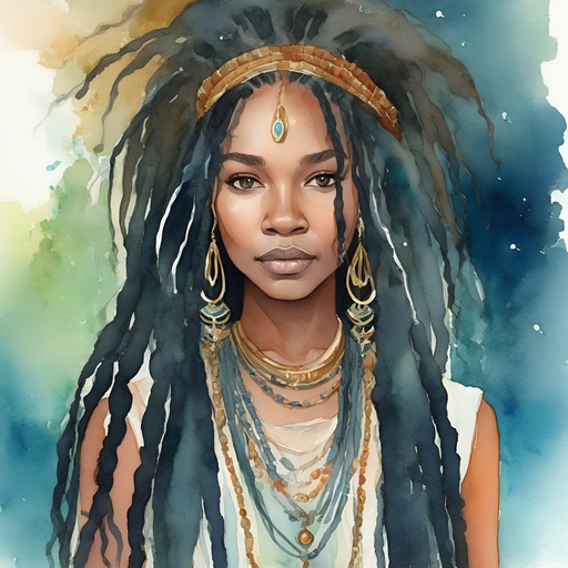 Sibylline, as a young woman with long dark dreadlocks, has heavy make-up and tribal jewelry wearing a cosmic royal majestic experiencing visions in a mystical watery illuminating landscape.