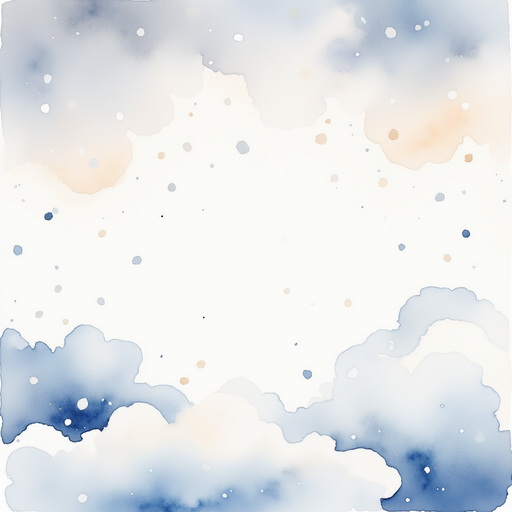 Fluffy clouds fill the sky, dropping gentle snow. In the background, the sky glows a pale gray.