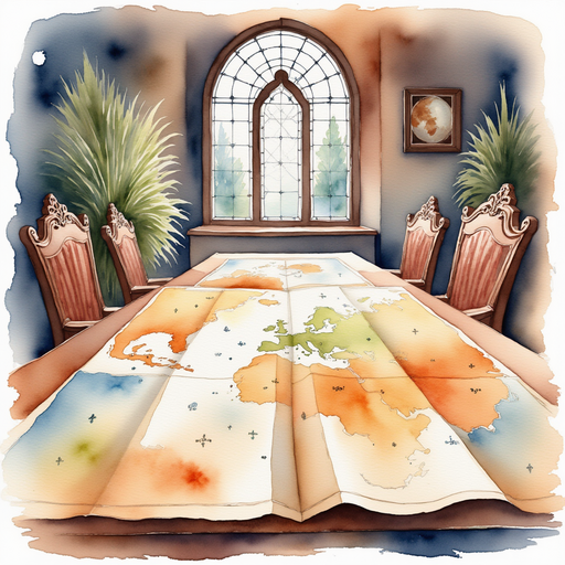 The faded map is spread out on a wooden table. In the background is a large stained-glass window.